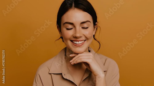 Joyful Young Woman with Closed Eyes and Radiant Smile, Hand on Chin, Exuding Peaceful Happiness Against a Warm Golden Background