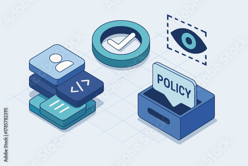 Data privacy symbols: policy box, check mark, person icon, and eye graphic