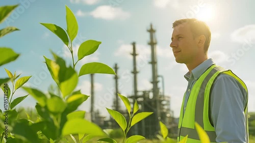 Green Industry Vision: Engineer in safety vest overseeing a modern industrial plant with vibrant foliage, symbolizing sustainable development and e...