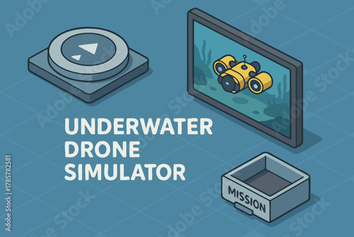 Isometric underwater drone simulator interface with interactive elements