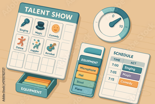 Talent show planning scene with performance schedule and equipment list