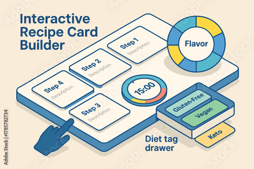 Interactive recipe card builder with diet tag drawer and flavor wheel