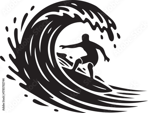 Dynamic surfer riding a powerful ocean wave, water splashing, simple black graphic