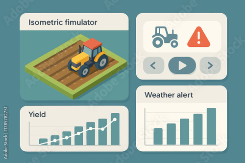 Isometric farm simulator interface with tractor and data analytics graphics