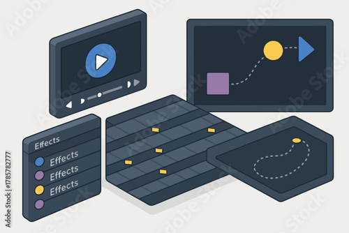 Digital animation concept art with screens and effects panel