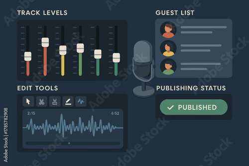 Podcast production interface with microphone and editing tools