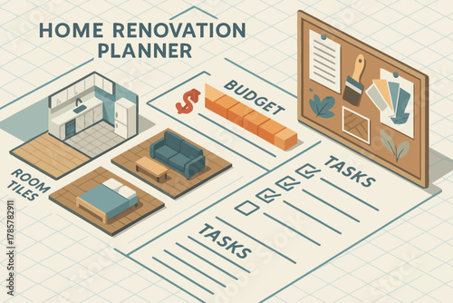 Home renovation planner layout with budget and task organizer in isometric style