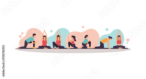 A diverse group of individuals practices various yoga poses, promoting wellness and flexibility against a soft, colorful backdrop for a healthy lifestyle.