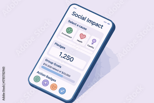 Social impact app with pledges and group goals on mobile interface