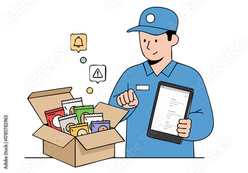A delivery worker uses a tablet to inspect a box of goods. Modern illustration style, focusing on logistics and technology. Clear composition, bright colors.