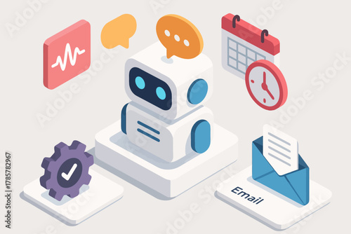 Robot and technology icons: email, tools, and communication concepts in modern design