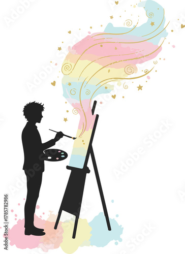 Artist silhouette painting a vibrant, swirling pastel watercolor masterpiece