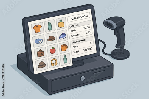 Digital cash register display with scanner and sales summary