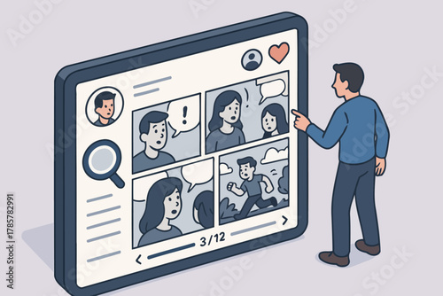 Young caucasian male interacting with digital comic strip on large screen