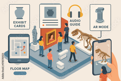 Interactive museum experience with augmented reality and audio guide for visitors