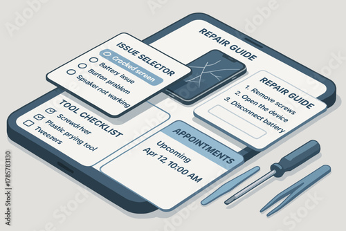 Smartphone repair process with tools and guide checklist illustration