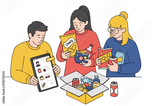 Three friends share snacks and browse a tablet, enjoying a casual moment. Bright, modern illustration with a playful vibe. Perfect for lifestyle and social media content.