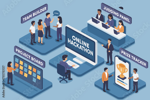 Online hackathon overview with diverse team collaboration and virtual judging panel