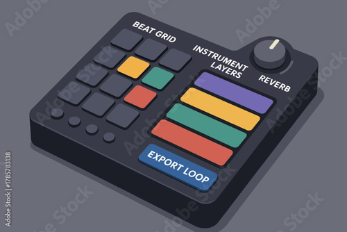 Isometric music production controller with buttons and knobs