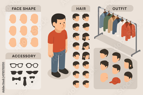 Customizable cartoon character creator with diverse options for face, hair, and outfit