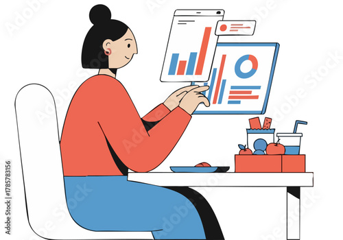 A woman analyzes data on a tablet, surrounded by healthy snacks and a laptop, suggesting a productive workday. Modern, vibrant illustration.