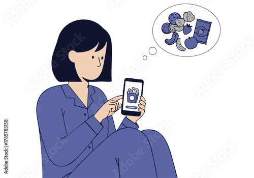 A woman contemplates late-night snacks on her phone. A soft, blue-toned illustration depicts her in pajamas, gazing at a mobile displaying tempting treats. Night snack concept.