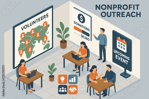 Nonprofit outreach effort with volunteers and donations focused on upcoming event