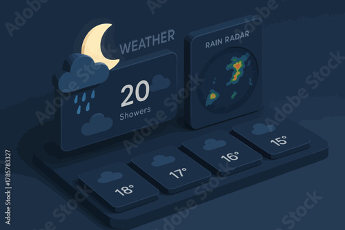 3d weather dashboard with rainy night and temperature display