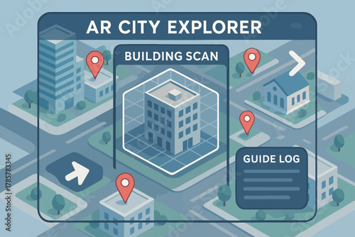 Ar city explorer interface with building scan and guide log features in urban map