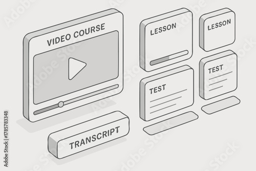Online course interface with video, lessons, and tests in gray scale design
