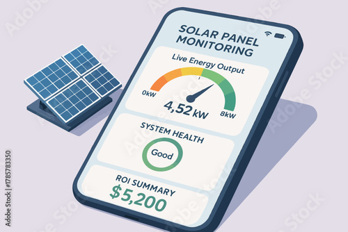 Solar panel monitoring app displaying energy output and system health on smartphone