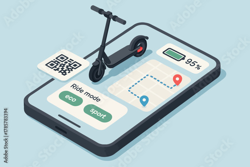 E-scooter navigation app interface with qr code and ride mode options