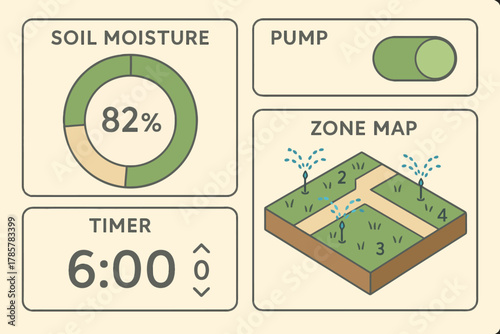 Smart irrigation dashboard with soil moisture, pump control, and zone mapping features