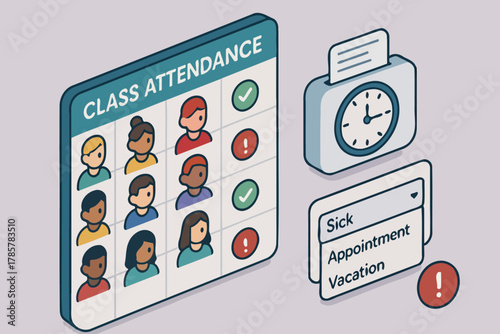 Class attendance monitoring with icons for sick, appointment, vacation status