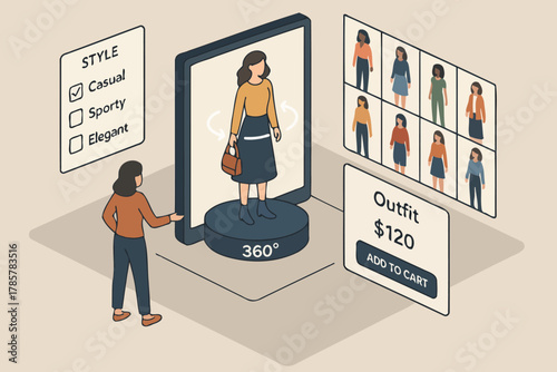 Interactive virtual fashion shopping featuring caucasian female avatar display