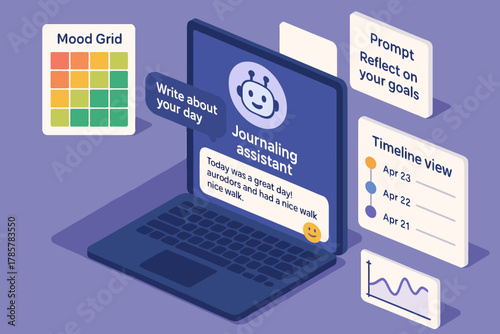 Digital journaling assistant interface with mood grid and timeline view