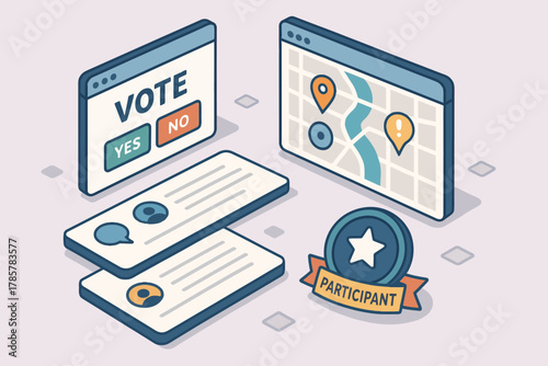 Online voting and participation concept with maps and communication elements