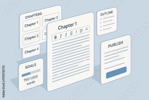 Digital writing interface with chapters, goals, and publishing features