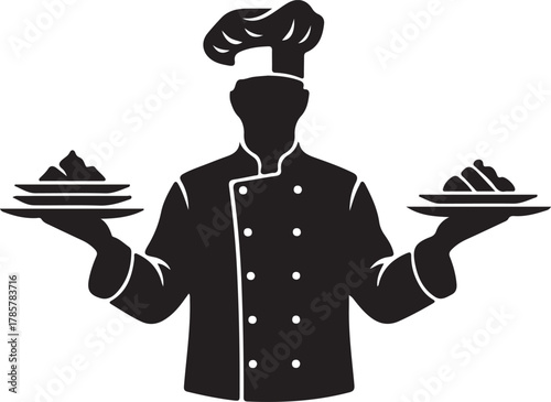 Chef silhouette serving gourmet dishes on plates, professional culinary icon vector