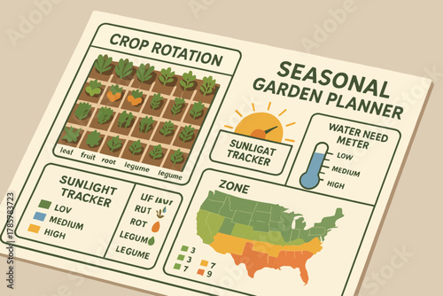 Seasonal garden planner with crop rotation and sunlight tracker features