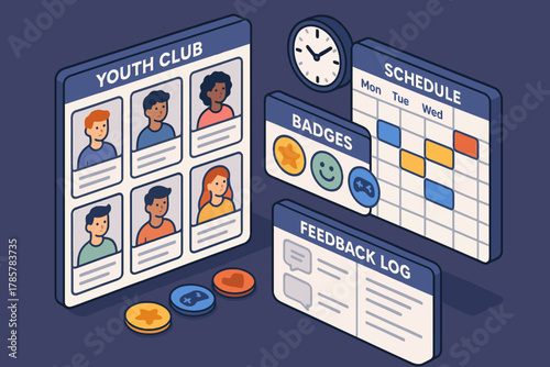 Youth club management interface with schedule and feedback features illustrated