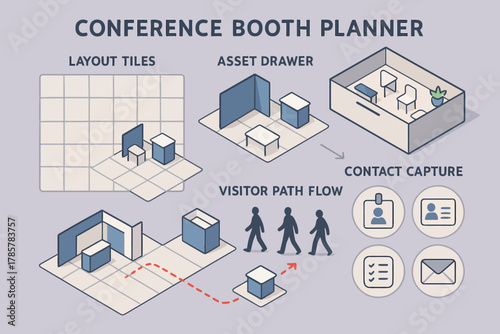 Conference booth planning diagram with layout, assets, and visitor flow details