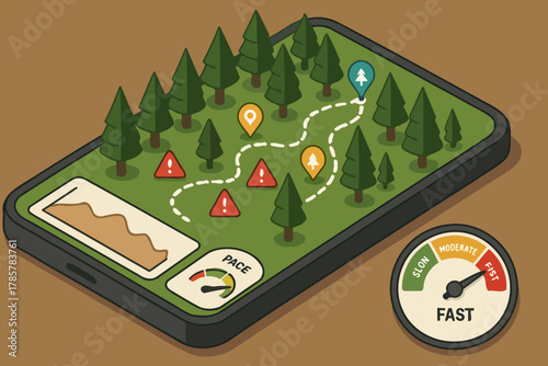 Interactive hiking trail map on smartphone with speedometer for pace monitoring
