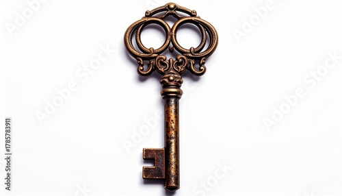 Antique-style metal key with round bow, long shaft, and notched bit, isolated on a white background to highlight vintage craftsmanship and symbolic design.