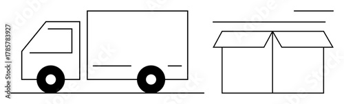 Delivery truck moving near an open box, symbolizing transportation, shipping, delivery, e-commerce, packing, business logistics, and storage solutions. Ideal for simple flat metaphor