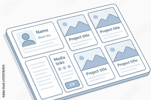 Illustrated graphic of digital portfolio layout with projects and media links