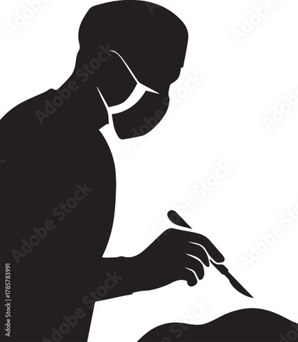 Silhouette of a surgeon wearing a face mask, holding a scalpel for surgery.
