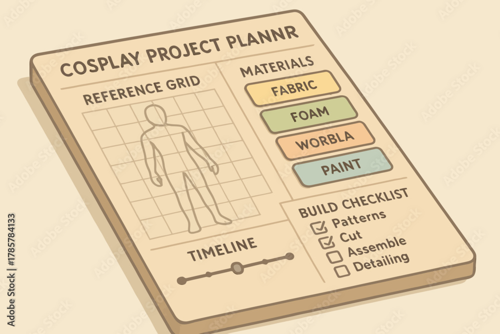 Fototapeta premium Cosplay project planner layout with materials and checklist for crafting