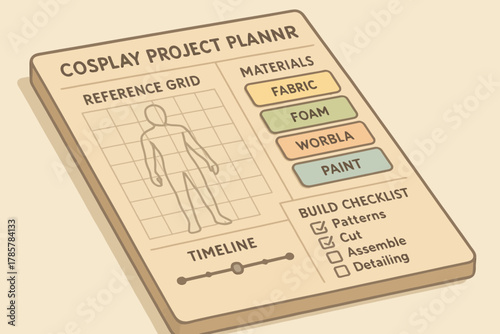 Cosplay project planner layout with materials and checklist for crafting