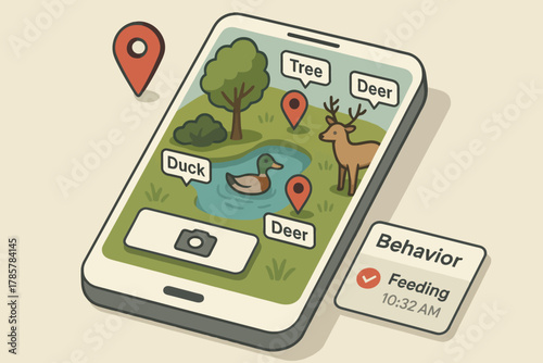 Wildlife tracking app interface with gps and animal identification features